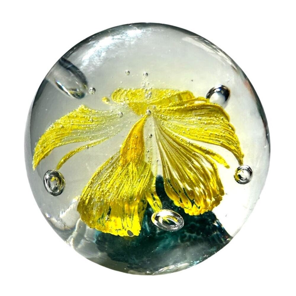 Murano Style Art Glass Paperweight Yellow Palm Tree Clear Glass Bubble Design